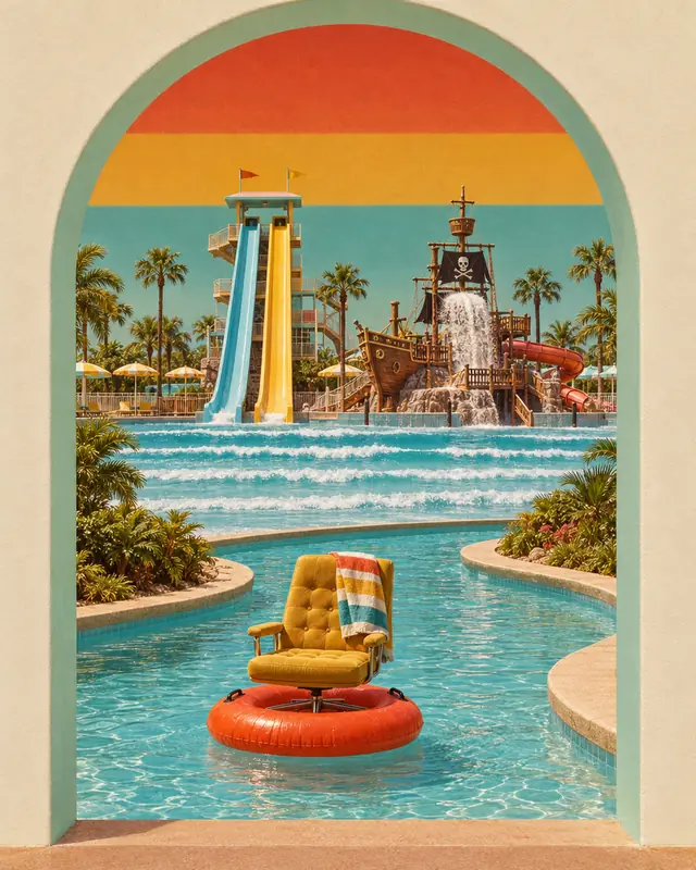 Through an arched doorway: an empty mustard office chair floats on an inner tube down a lazy river, twin water slides and a pirate ship behind it under a striped sunset.