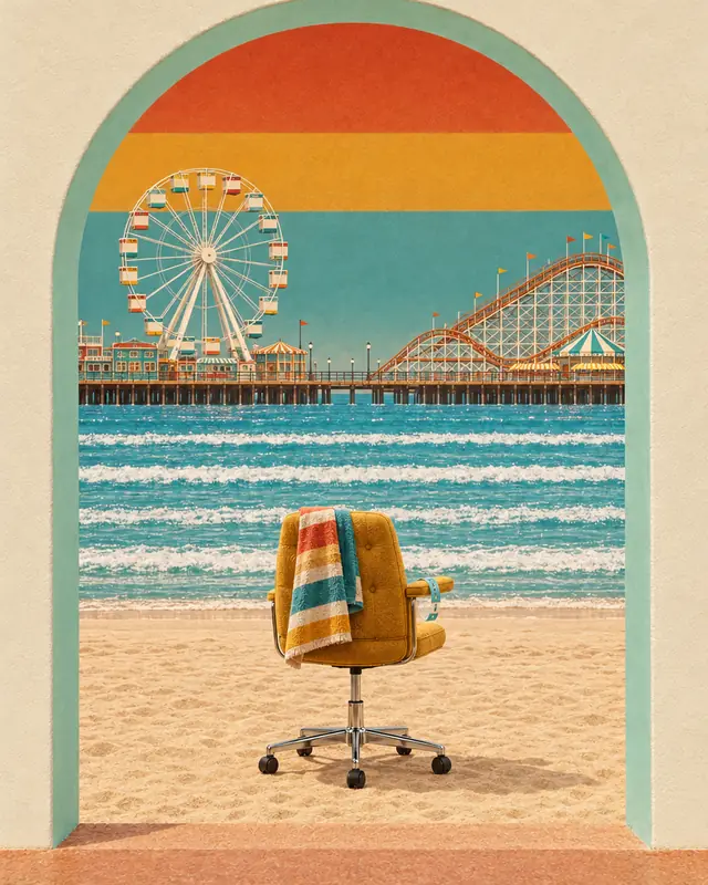 Through an arched doorway: an empty mustard office chair parked on the sand facing a striped ocean, a Ferris wheel and wooden coaster on the boardwalk.