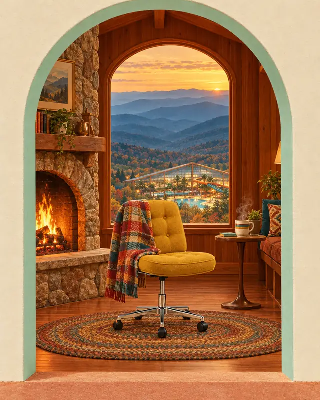 Through an arched doorway: an empty mustard office chair under a plaid quilt by a stone fireplace in a timber lodge, blue Smoky Mountain ridgelines in the window.