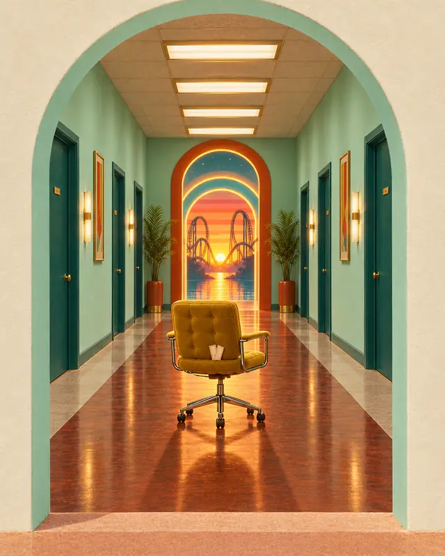 Through an arched doorway at the end of a corridor: an empty mustard office chair faces a glowing invented portal of light and abstract coaster loops.